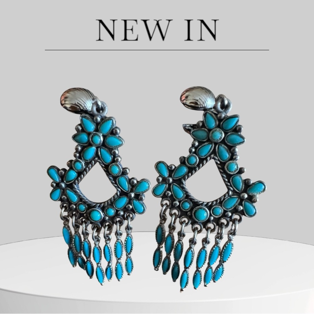 Zuni Turquoise Floral Dangle Clip On Earrings